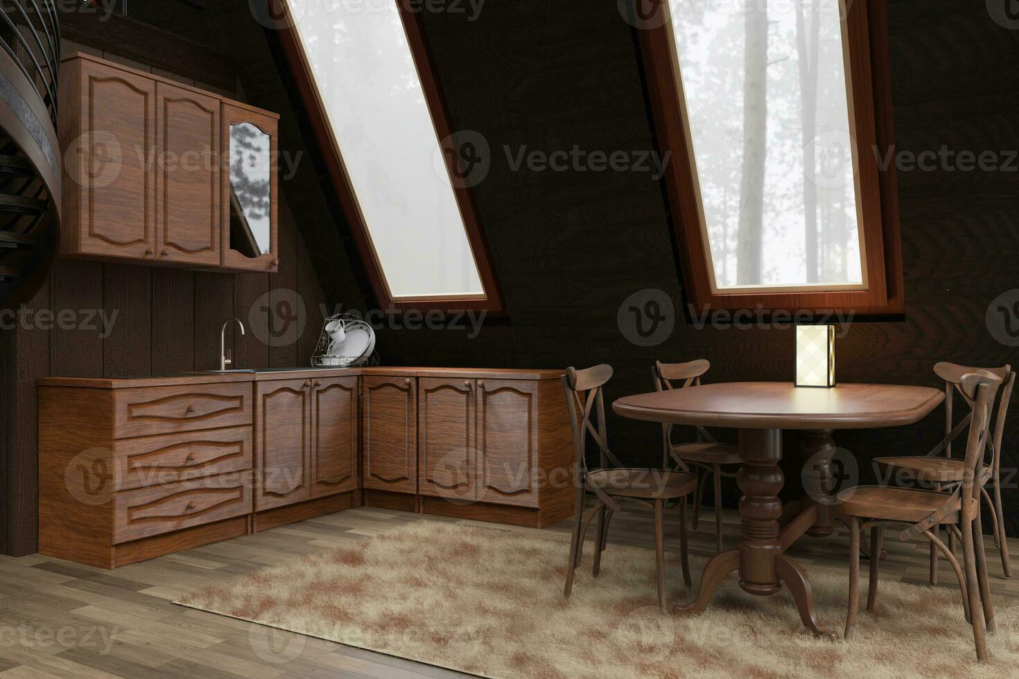 un cuadro casa interior, triangular casa cabaña, proyecto para construcción, 3d visualización de acogedor casa para descanso y viajar. cocina y comida habitación, de madera muebles, eco-natural materiales foto