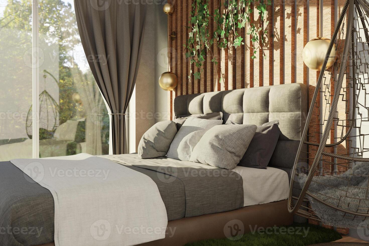Cozy modern bedroom, inspiration from nature, eco style, natural products. Green plants, grass carpet, hanging chair, wooden panel, soft headboard. 3D rendering side view. photo