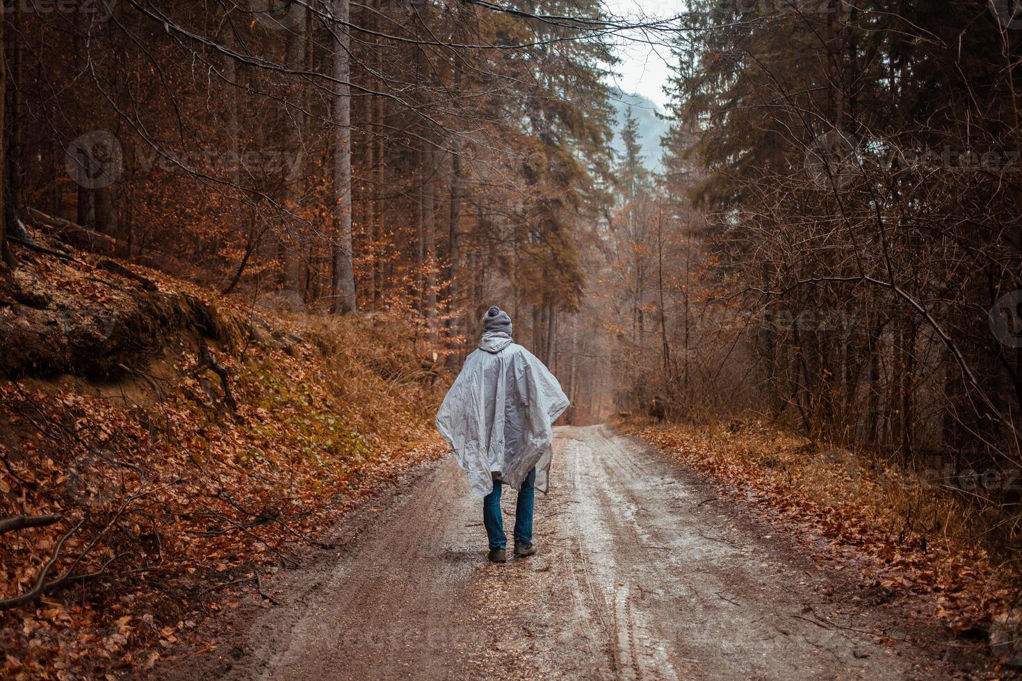 man in raincoat walks through forest, rain, loneliness, autumn and winter, man inside himself, reflections photo