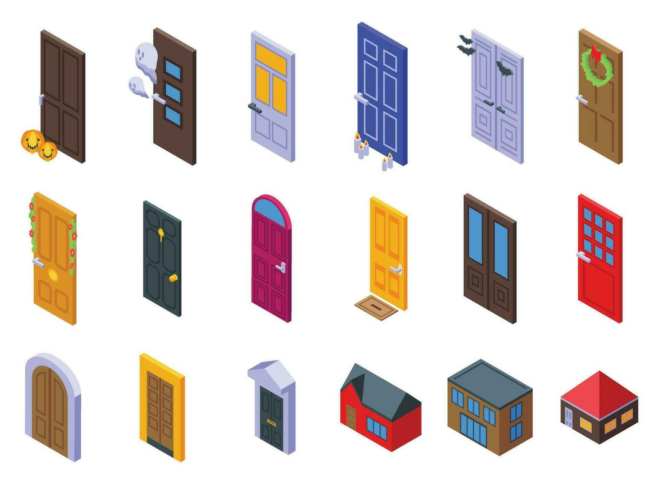 Night house front door icons set isometric vector. Outside home vector