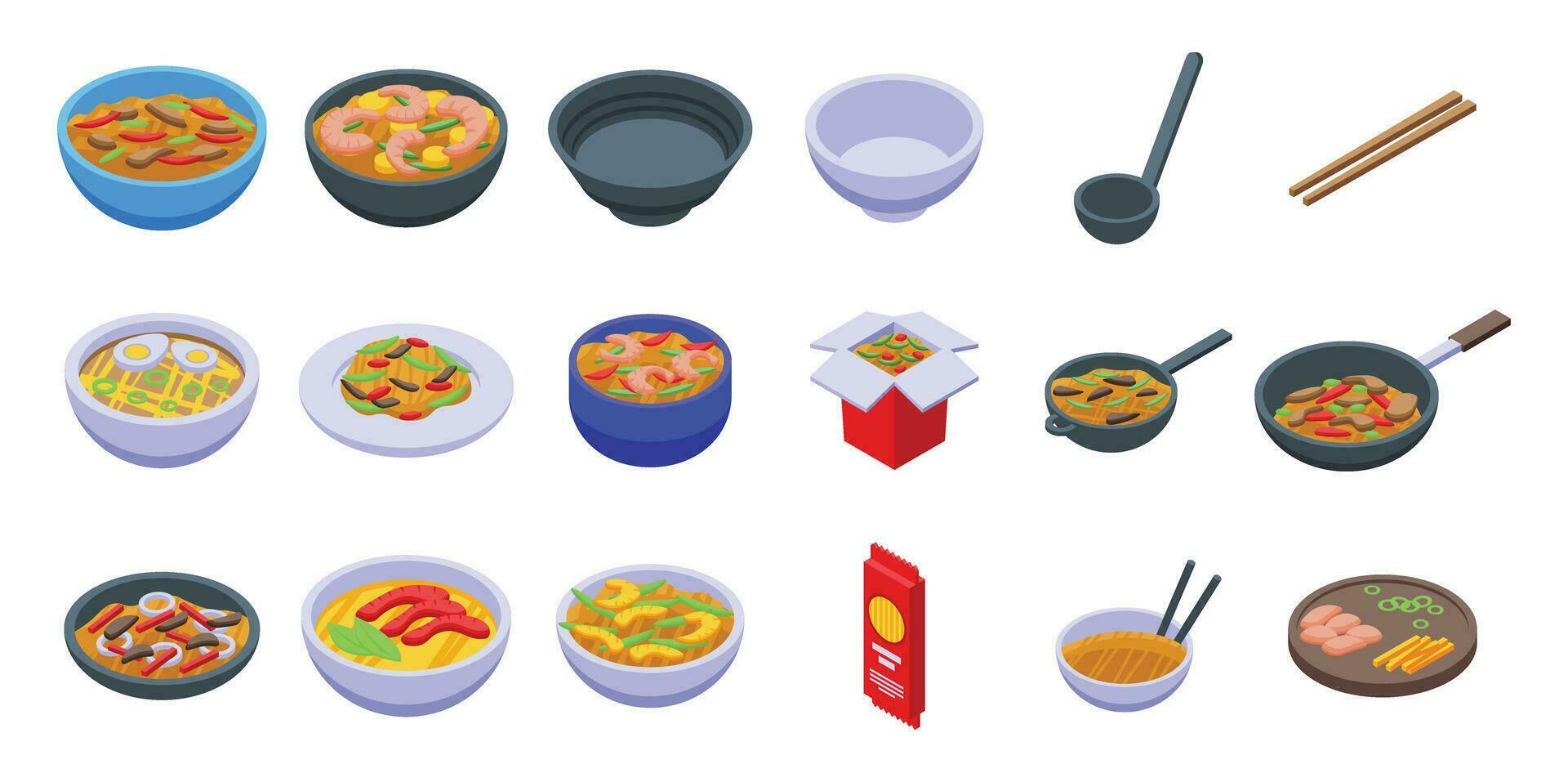 Udon noodles icons set isometric vector. Meal food cooking vector