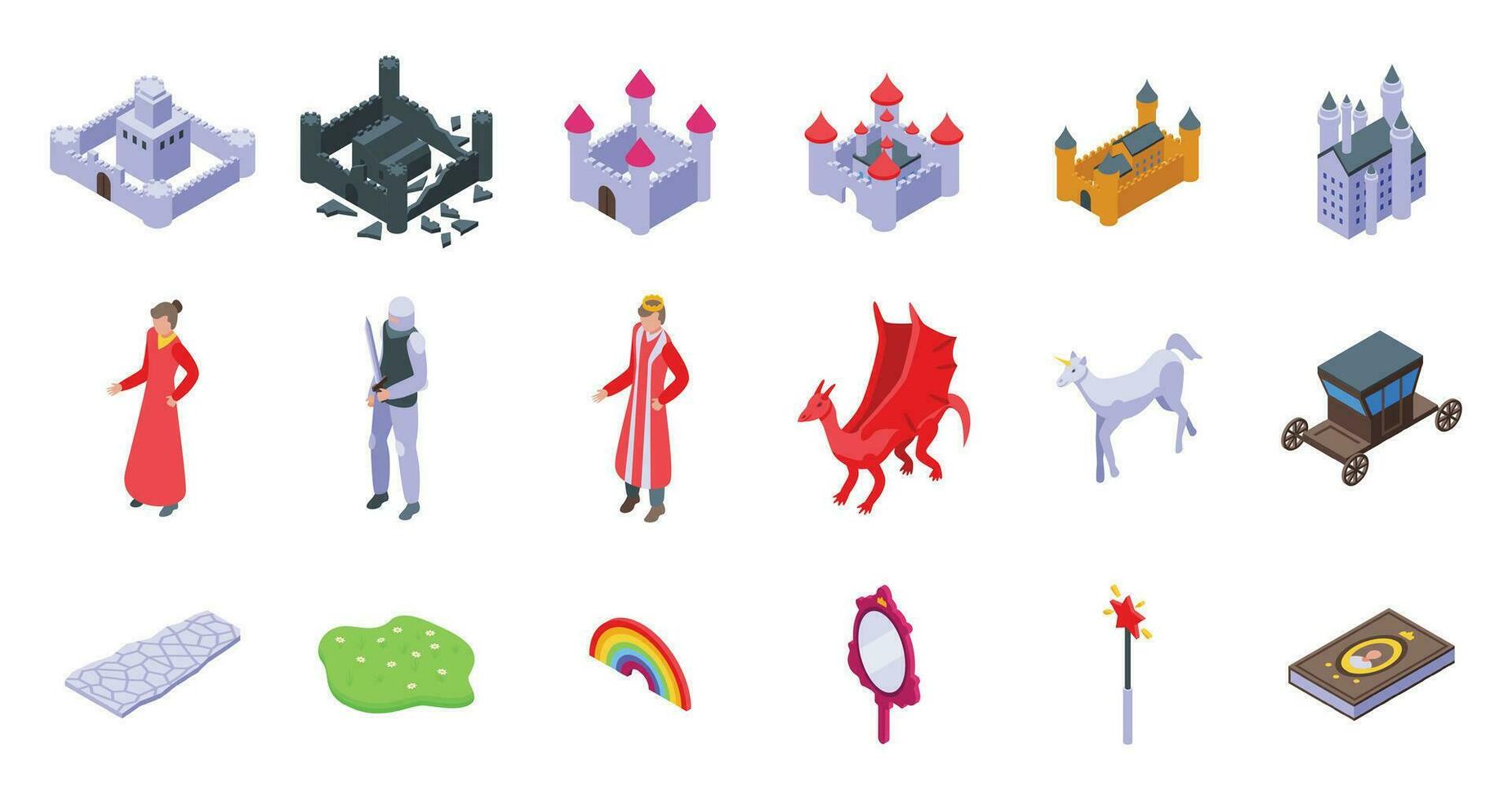 Fairytale princess castle icons set isometric vector. Middle age magic vector