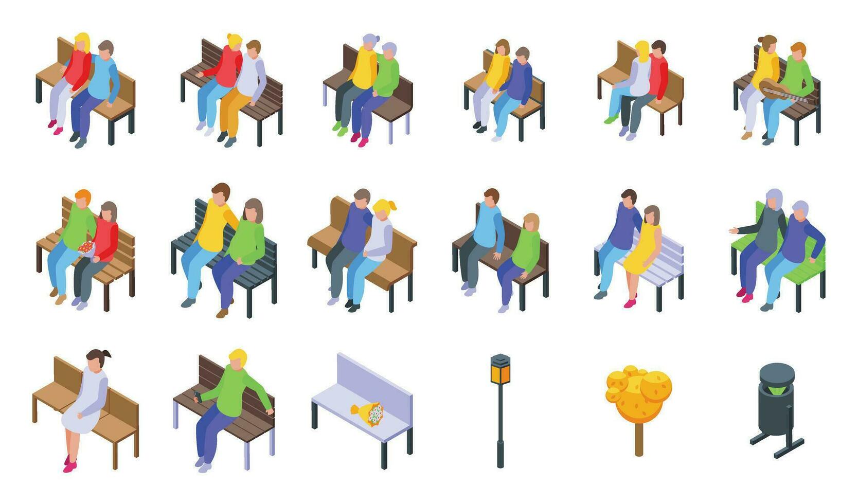 Couple sitting on bench icons set isometric vector. People city talk vector