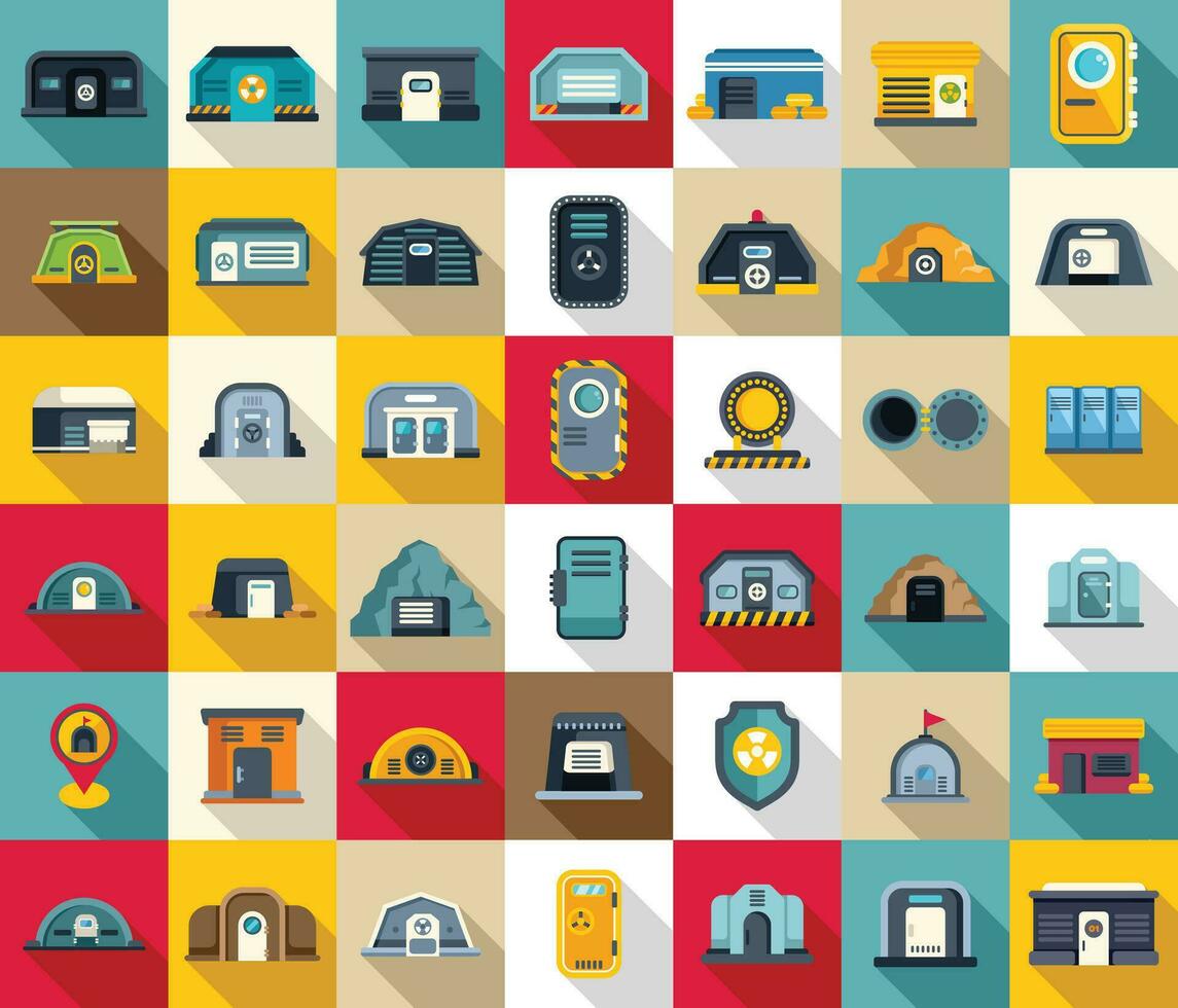 Bomb shelter icons set flat vector. Bunker safe attack vector