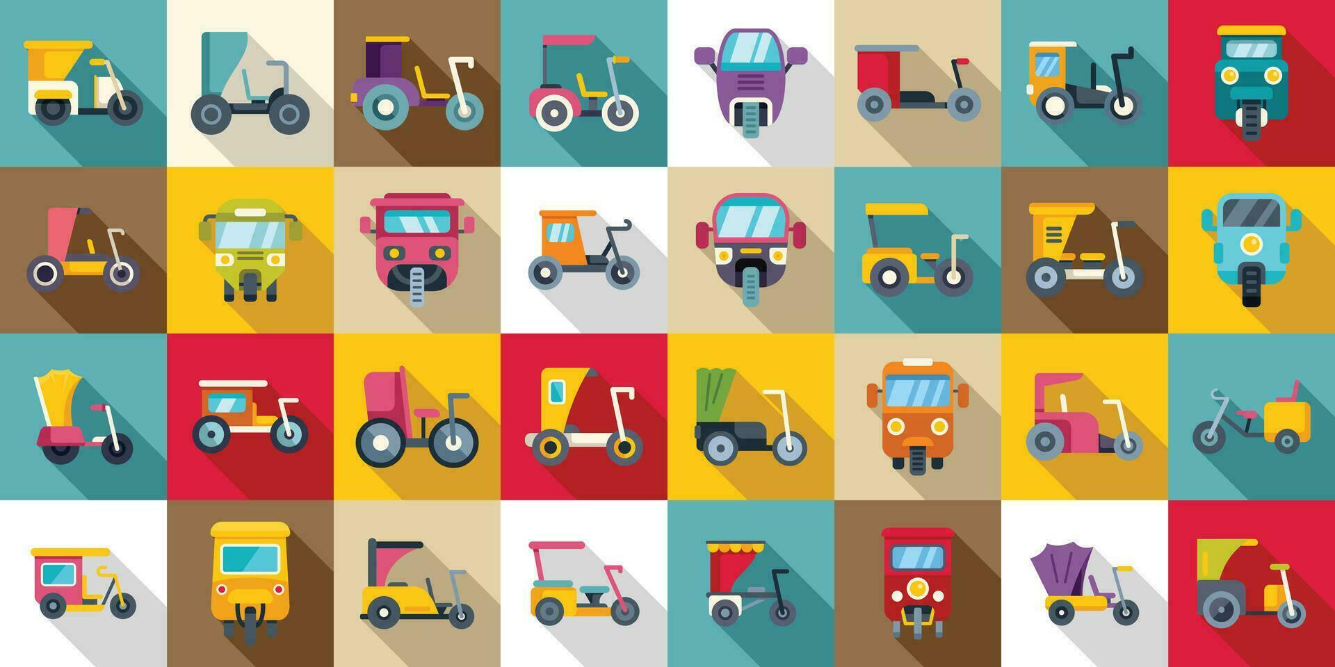 Trishaw icons set flat vector. Bike indian transport vector