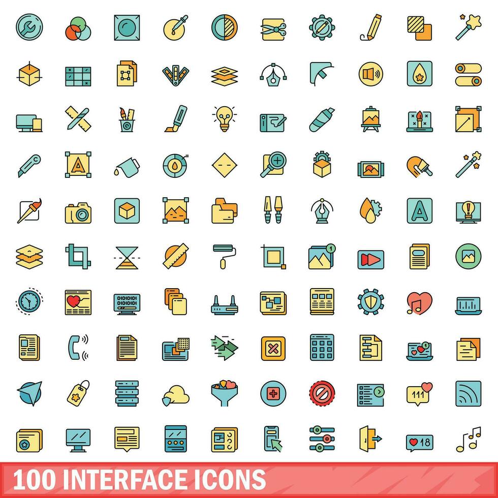 100 interface icons set, color line style vector
