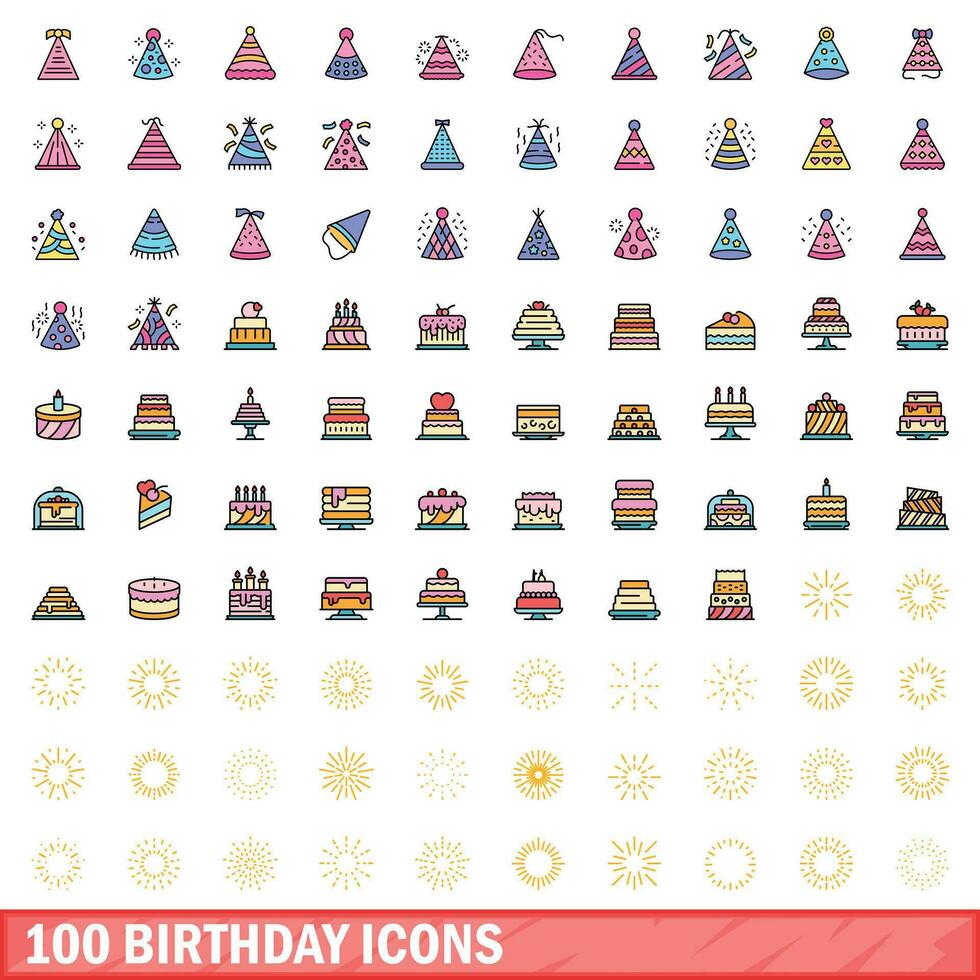 100 cumpleaños íconos colocar, color línea estilo vector