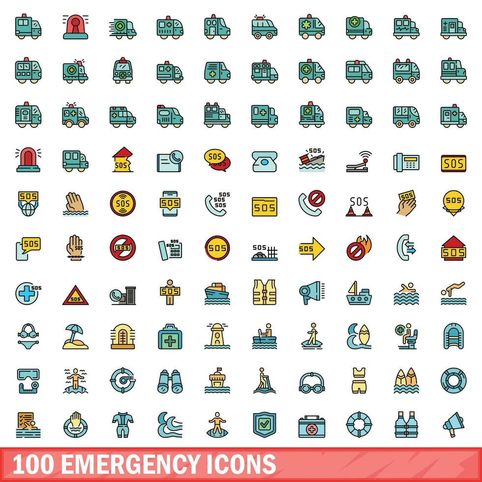 100 emergency icons set, color line style vector