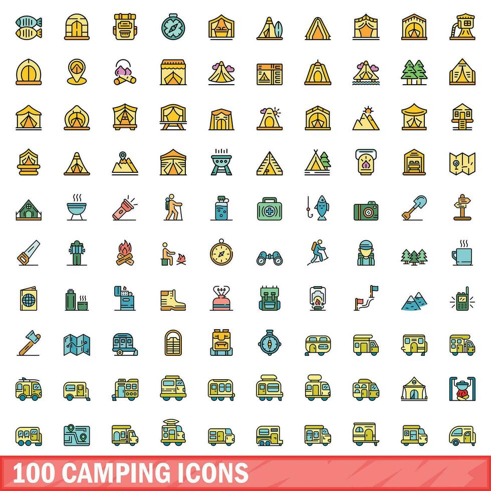 100 camping icons set, color line style vector