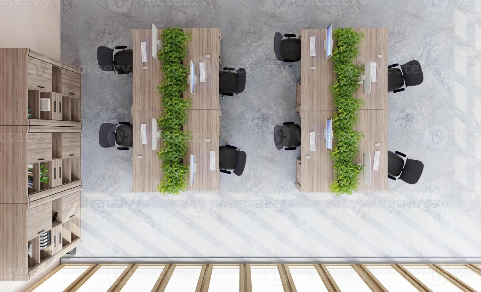 3D office interior, work place, computers, tables and cabinets. Recreation area for employees Top view photo