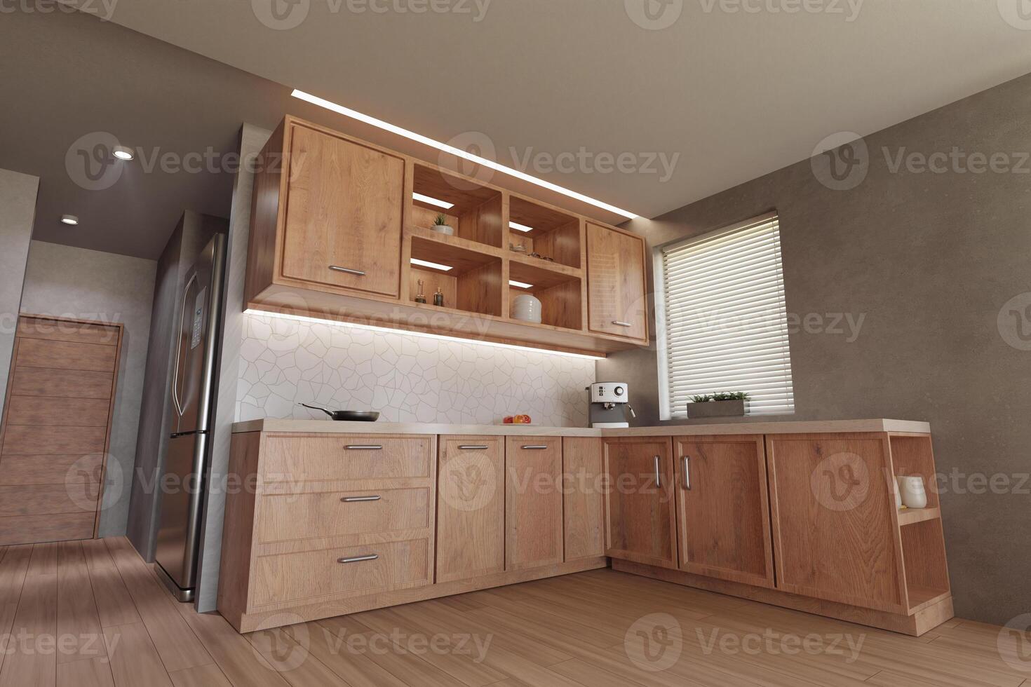 3D render interior kitchen, wooden cabinets, dining table, decorations and food. fisheye effect. photo