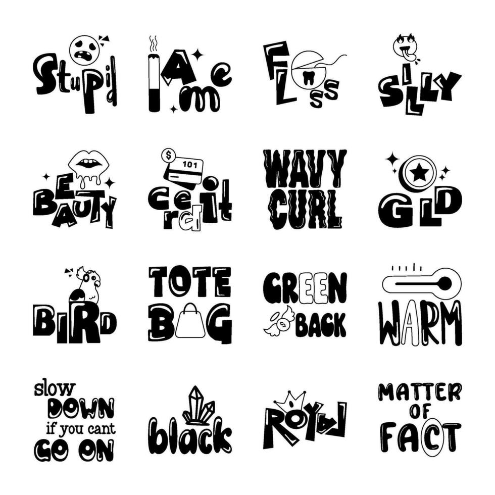 Bundle of Typography Letters Glyph Stickers vector