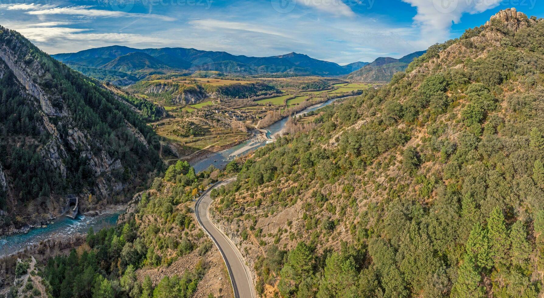 Drone panorama over the Mirador de Janovas gorge and the River Ara in the Spanish Pyrenees photo