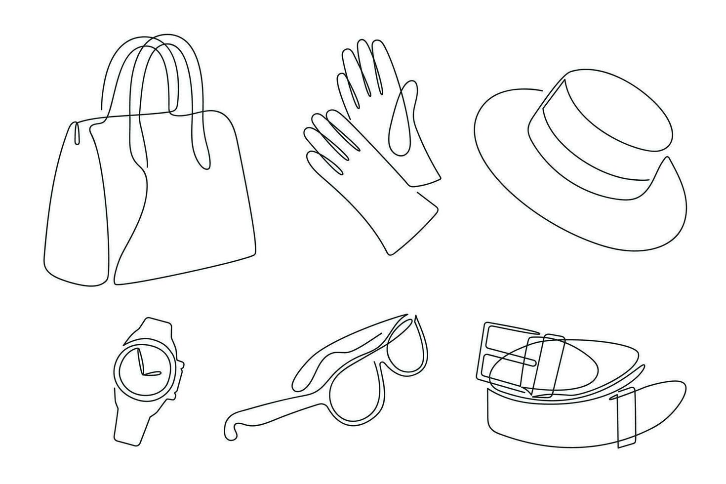 Women's accessories drawn in one continuous line. One line drawing, minimalism. Vector illustration.