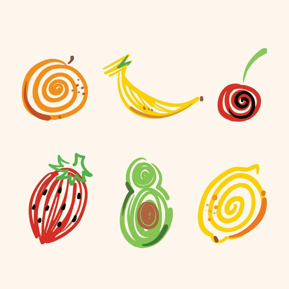 Abstract colorful vector fruits doodle brush strokes vector set collection icon isolated on square light yellow plain background. Drawing for social media post, poster, brochure, prints and others