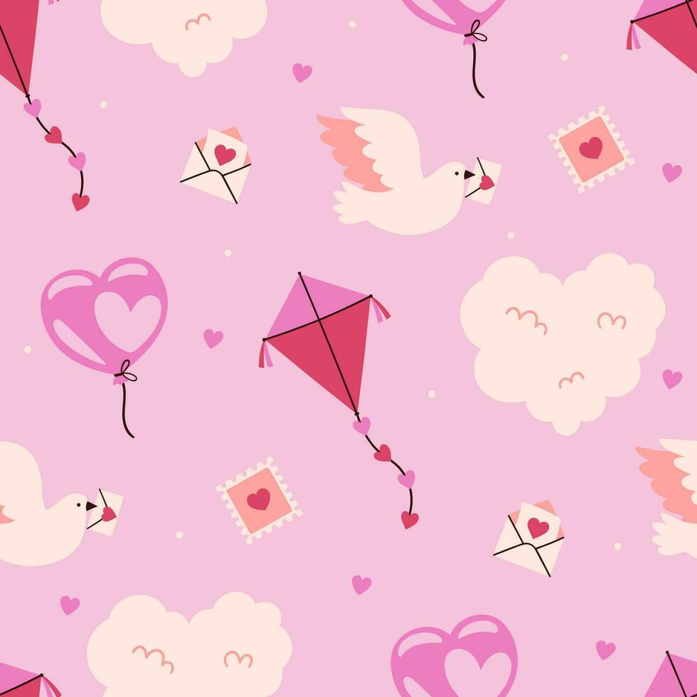 Seamless pattern for Valentine's day with doves, letters, stamps, kites and balloons. vector