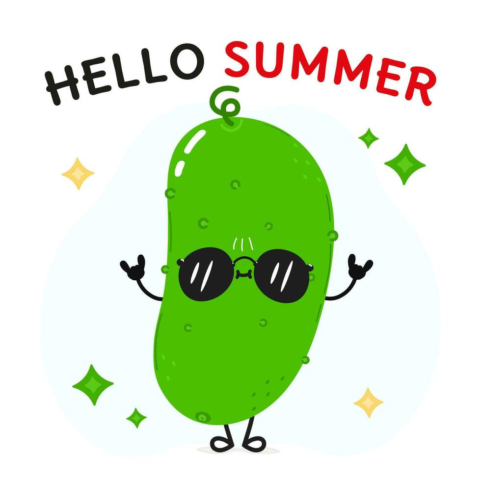 Cucumber character. Hello summer card. Vector hand drawn cartoon kawaii character illustration icon. Isolated on white background. Cucumber character concept