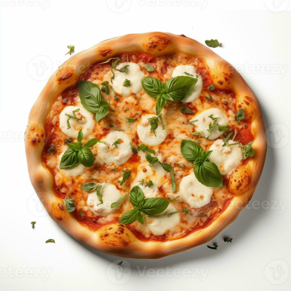 AI generated Top view of pizza isolated on white background. Photo for restaurant menu, advertising, delivery, banner