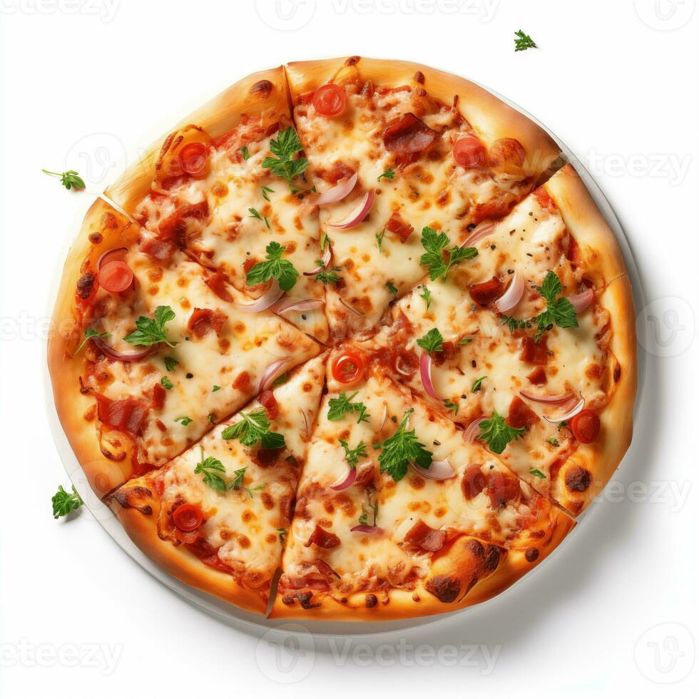 AI generated Top view of pizza isolated on white background. Photo for restaurant menu, advertising, delivery, banner