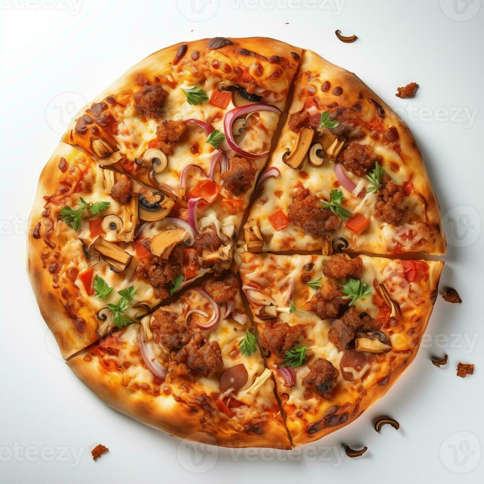 AI generated Top view of pizza isolated on white background. Photo for restaurant menu, advertising, delivery, banner