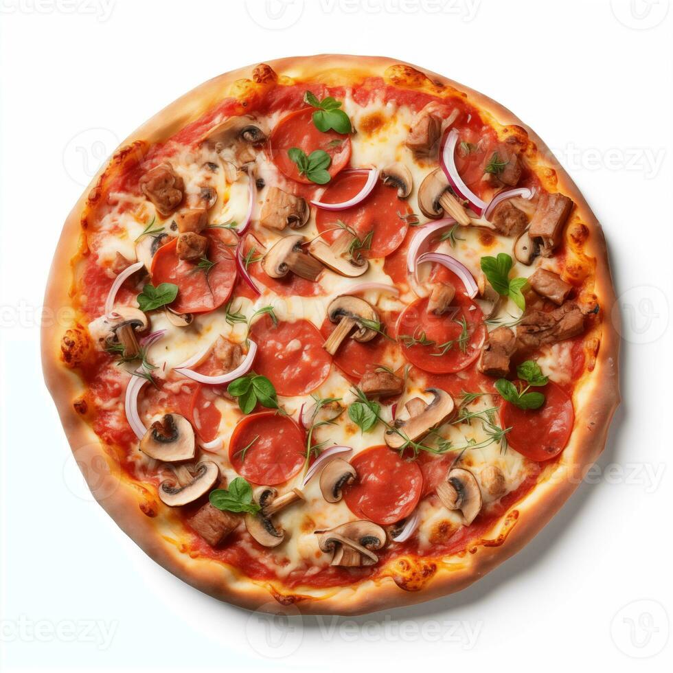 AI generated Top view of pizza isolated on white background. Photo for restaurant menu, advertising, delivery, banner