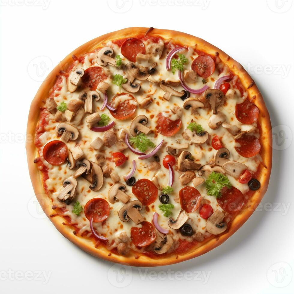 AI generated Top view of pizza isolated on white background. Photo for restaurant menu, advertising, delivery, banner