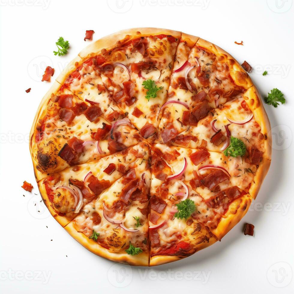 AI generated Top view of pizza isolated on white background. Photo for restaurant menu, advertising, delivery, banner