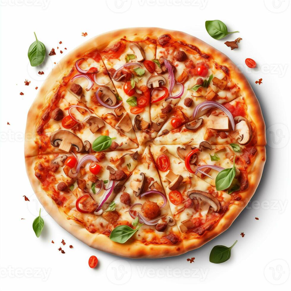 AI generated Top view of pizza isolated on white background. Photo for restaurant menu, advertising, delivery, banner