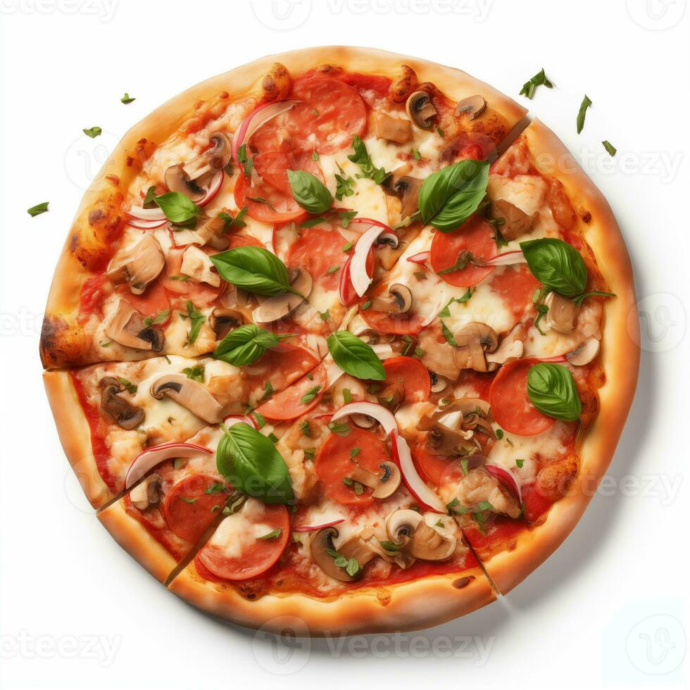 AI generated Top view of pizza isolated on white background. Photo for restaurant menu, advertising, delivery, banner