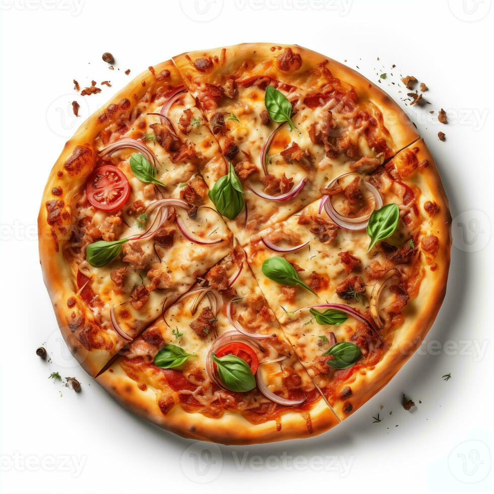 AI generated Top view of pizza isolated on white background. Photo for restaurant menu, advertising, delivery, banner