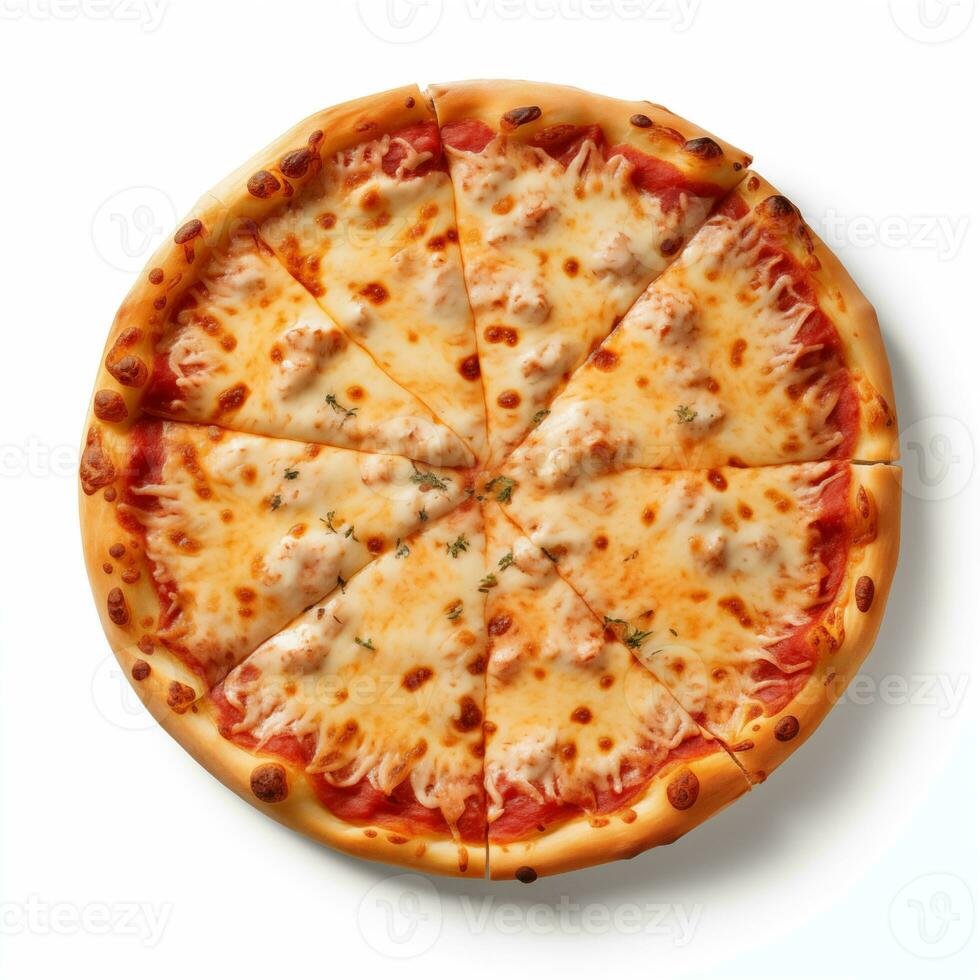 AI generated Top view of cheesy pizza isolated on white background. Photo for restaurant menu, advertising, delivery, banner