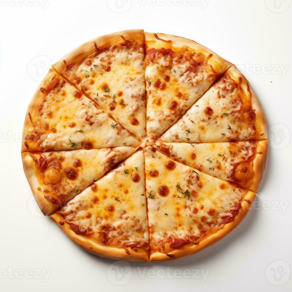 AI generated Top view of cheesy pizza isolated on white background. Photo for restaurant menu, advertising, delivery, banner