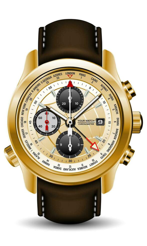 Realistic watch clock gold face white red arrow black number with brown leather strap on isolated design classic luxury vector