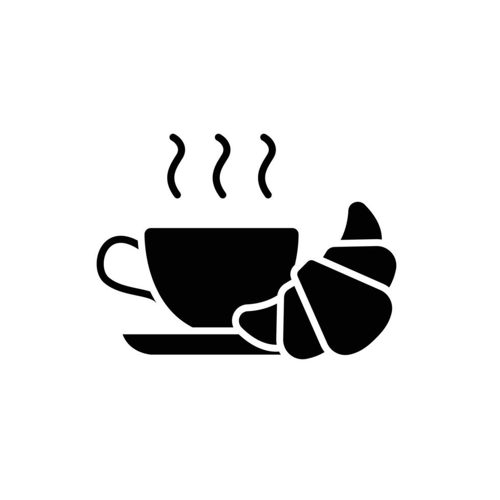Coffee and croissant icon. Simple solid style. Bread, pastry, crescent, food and drink concept. Black silhouette, glyph symbol. Vector illustration isolated.