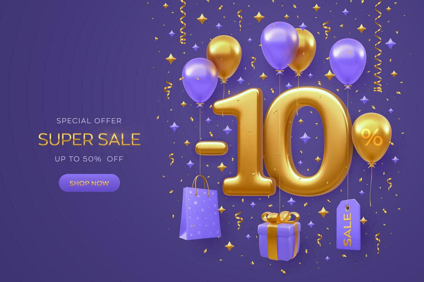 10 percent Off discount promotion Sale banner design on purple background. Realistic gold 3D 10 number with shopping bag, price tag, gift box with golden bow, fly helium balloons. Vector illustration.