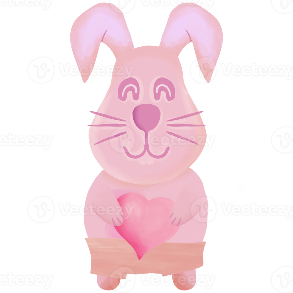 Watercolor painting of a cute rabbit standing and hugging a heart png