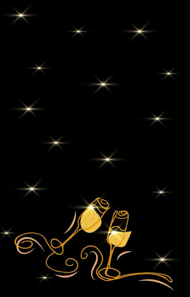 New year card with glasses of champagne, glitter. Vector festive new years eve flyer in line art.