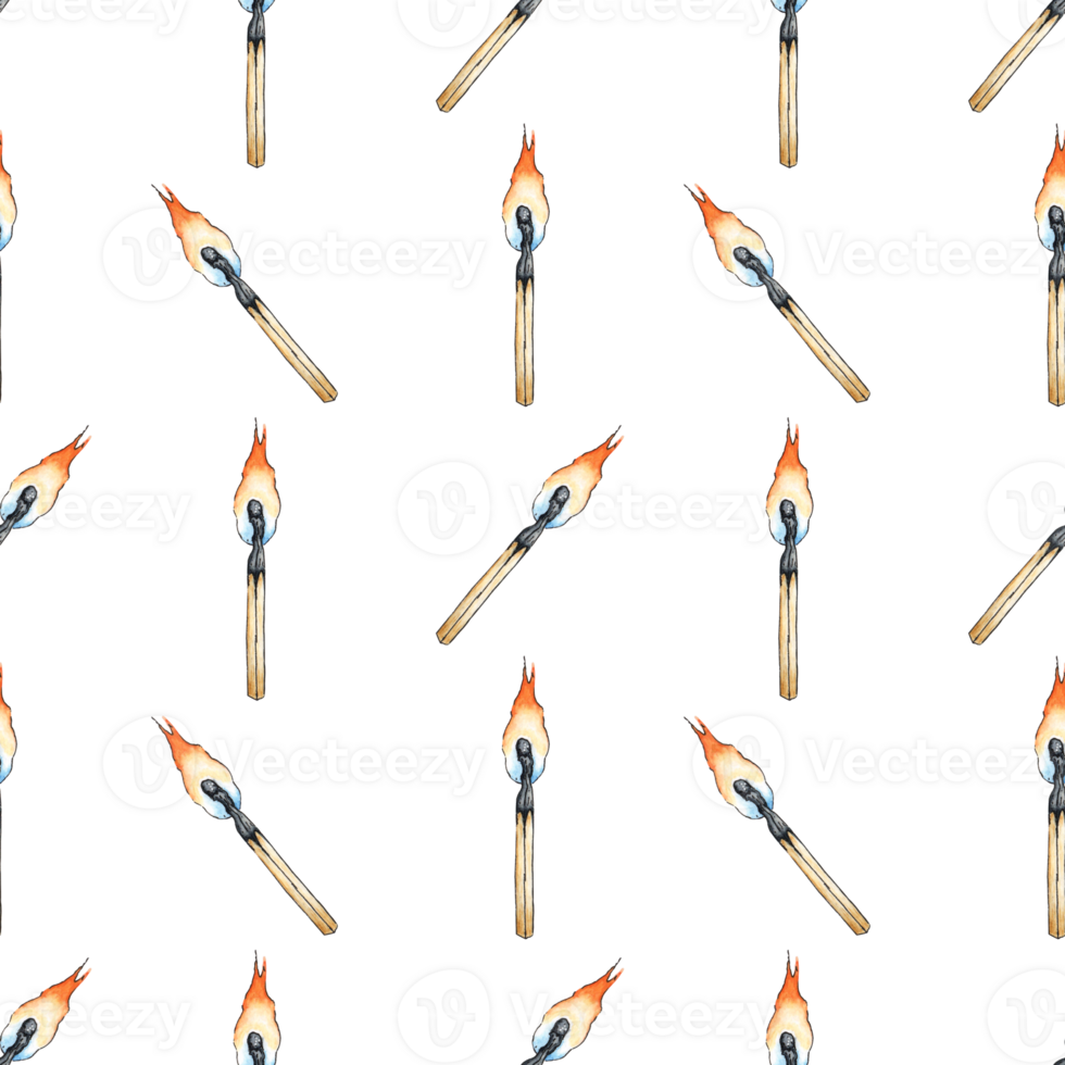 Watercolor illustration pattern burning match. Get the flame. Light the fire. Burnt wooden stick. Hand drawn doodles. Isolated . Drawn by hand. png