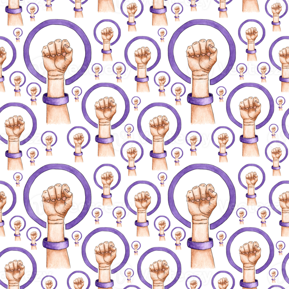 Watercolor illustration pattern of a female hand with a raised fist in a lilac circle. Women's march. The strength of a girl. The concept of feminism. Realistic isolated Drawn by hand. png