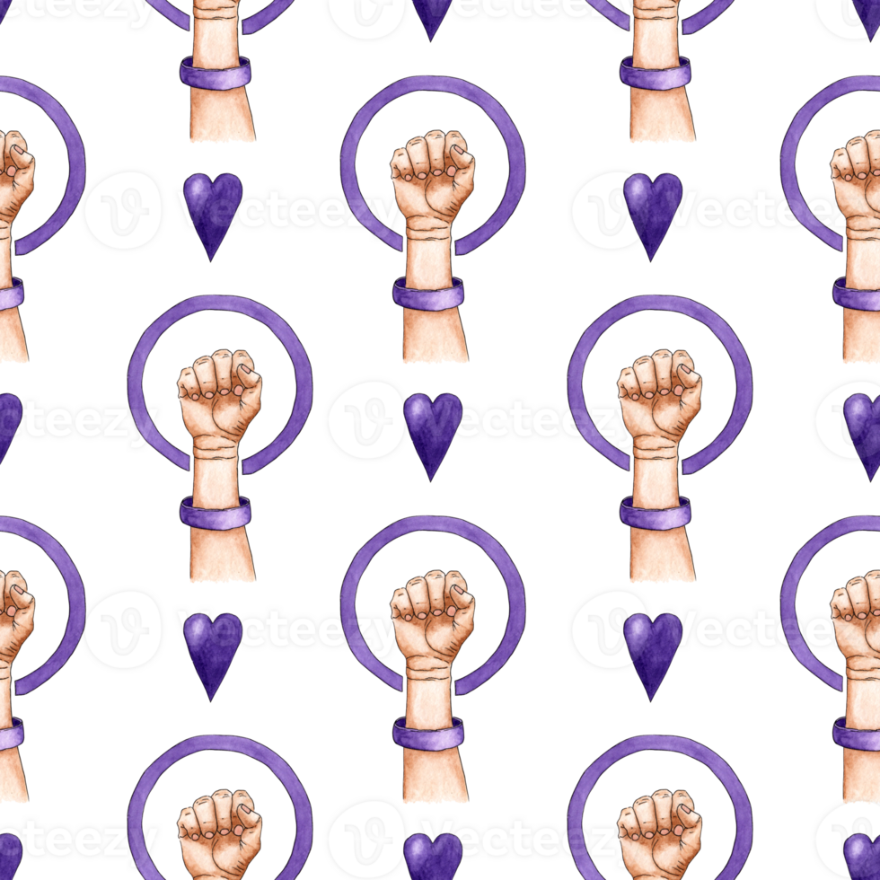 Watercolor illustration pattern of a female hand with a raised fist in a lilac circle and a heart. Women's march. The strength of a girl. The concept of feminism. Realistic isolated. drawn png
