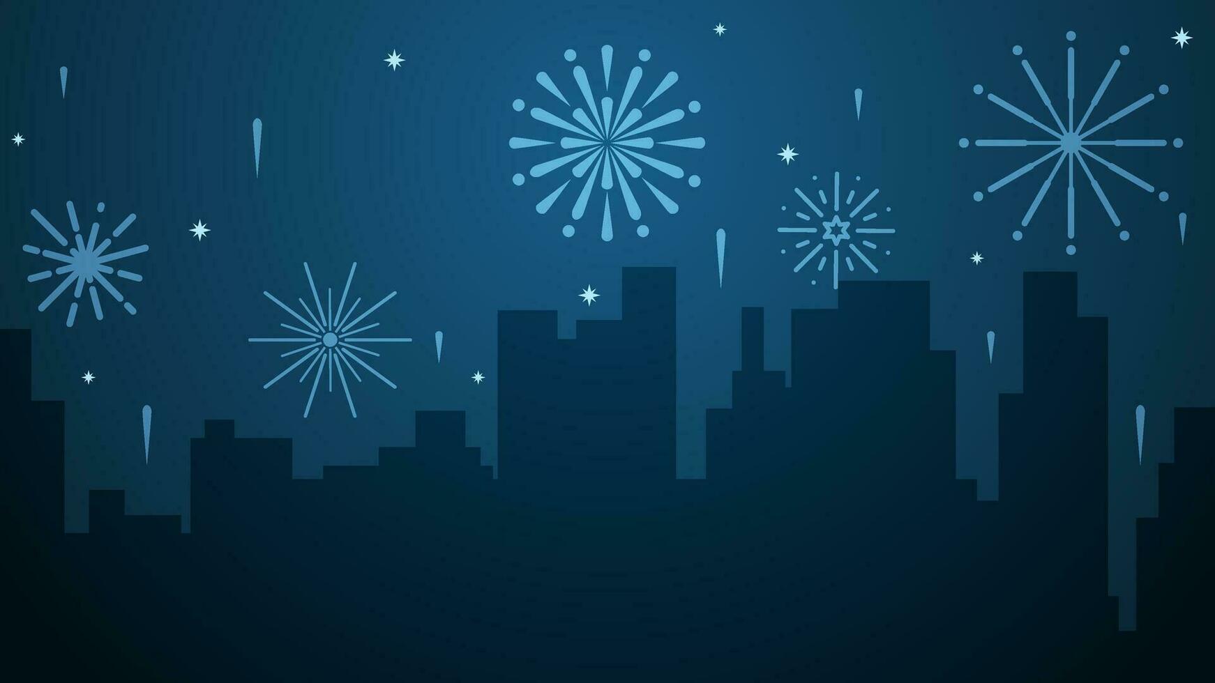 New year cityscape vector illustration. Scenery of city with sparkling fireworks in new year event. City panorama for illustration, background or wallpaper. City silhouette in the firework festival