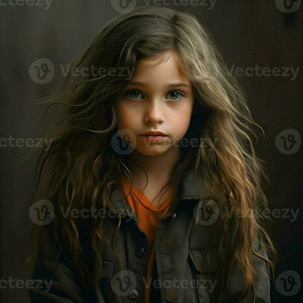 AI generated Moody girl 8-year-old on a dark background. High-resolution. AI Generative photo