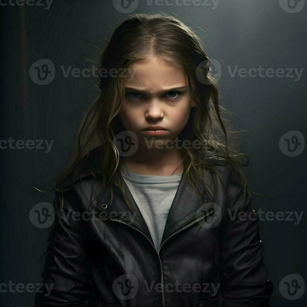 AI generated Moody and angry 8-year-old girl on dark background. High-resolution. AI Generative photo