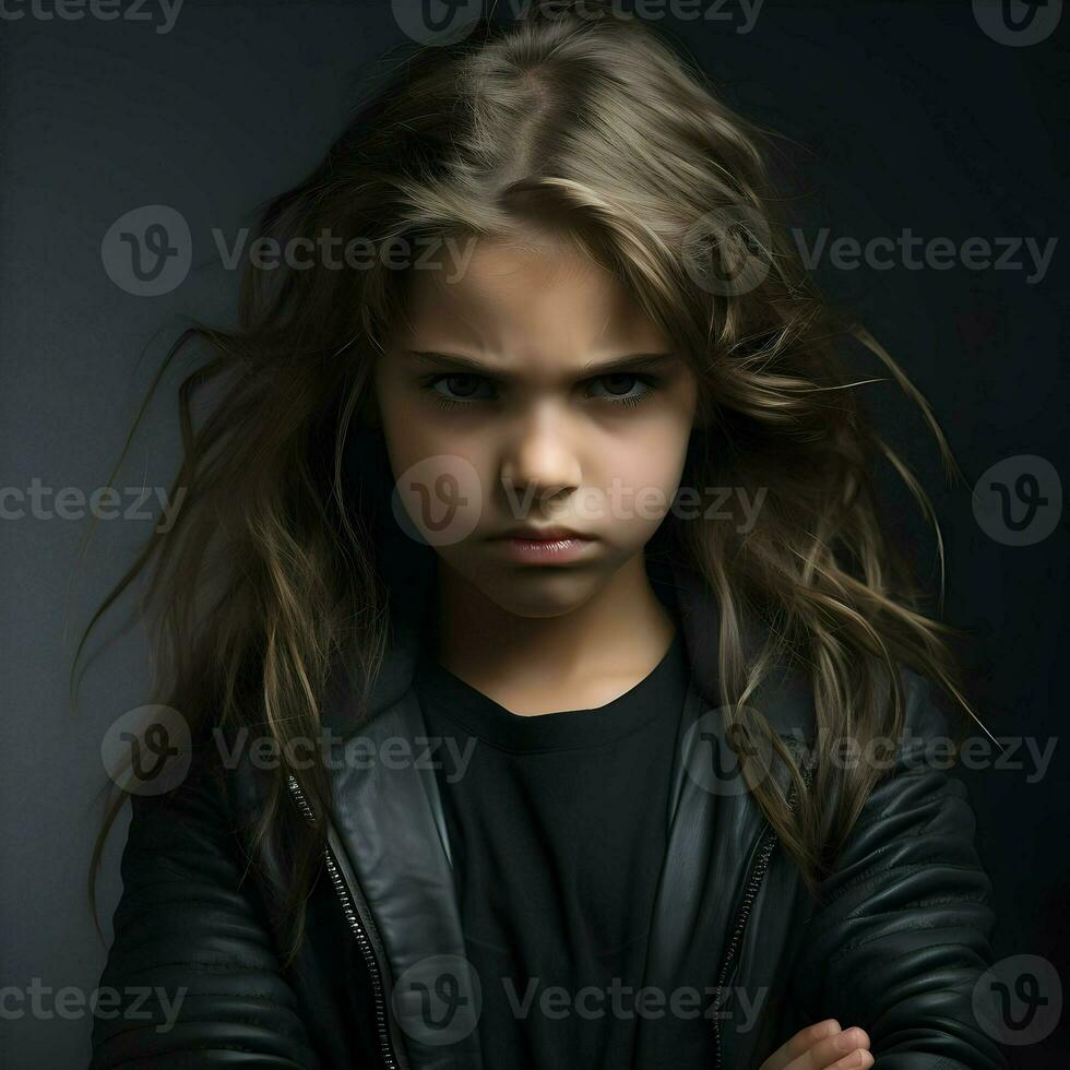 AI generated Moody and angry 8-year-old girl on dark background. High-resolution. AI Generative photo