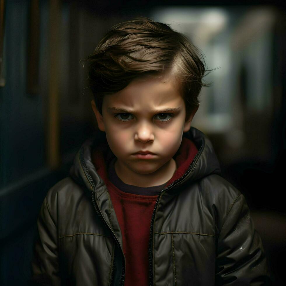 AI generated Moody angry 8-year-old boy on the dark background. High-resolution. AI Generative photo