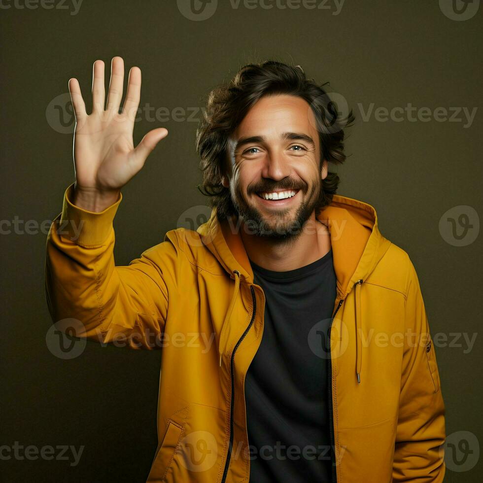 AI generated Photo of the smiling man waving his hand on a dark background. High quality. AI Generative