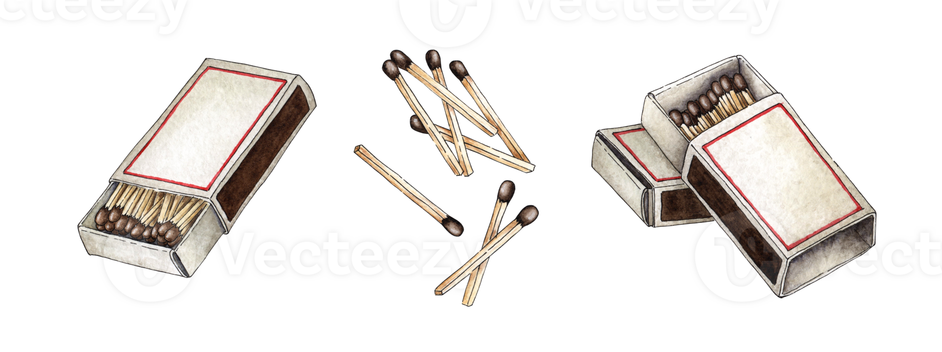 Watercolor illustration set of matchboxes full of red matches. Get the flame. Light the fire. Burnt wooden stick. Hand drawn doodles. Isolated . Drawn by hand. png