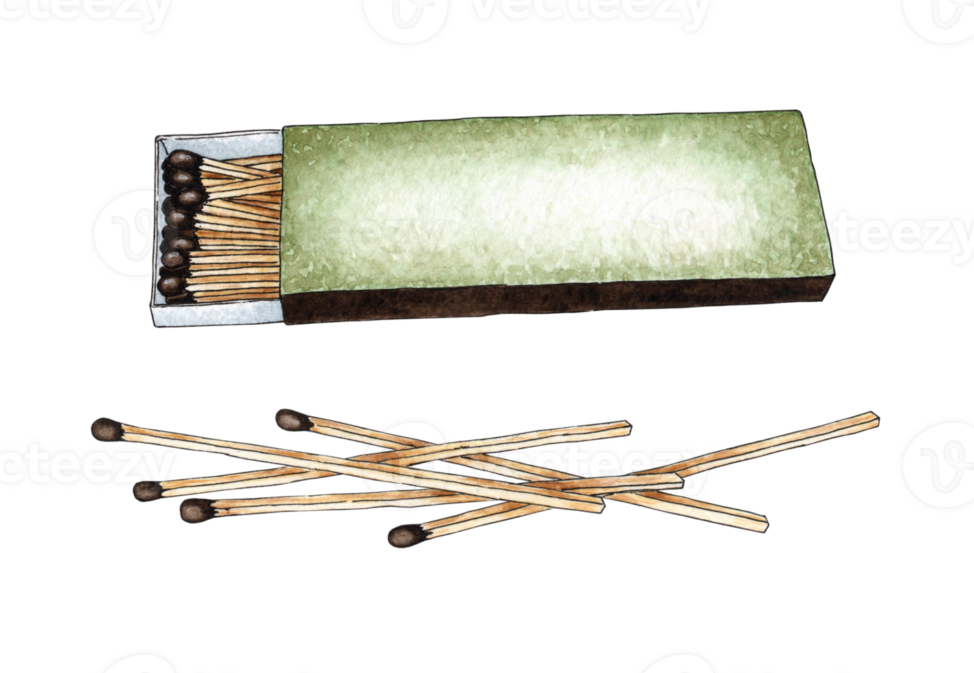 Watercolor illustration set of a pile of scattered fireplace matches and an open box. Get the flame. Light the fire. Burnt wooden stick. Hand drawn doodles. Isolated. Drawn by hand. png
