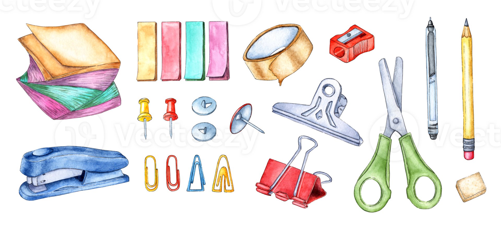 Collection of watercolor illustrations sticker block, bookmarks, adhesive tape, sharpener, pen, pencil, clip, scissors, eraser, paper clips, buttons, stapler. Separate clipart elements. Isolated png