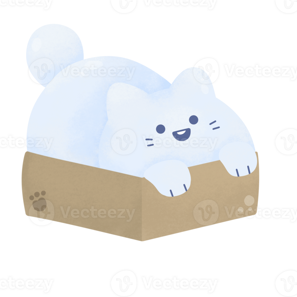 cute happy cat smile in box white snow For winter New year and Christmas watercolor cartoon style png